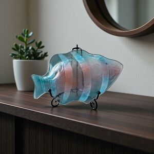 Artisan Fish-Shaped Iridescent Glass Dish - Clesr Blue and Pink